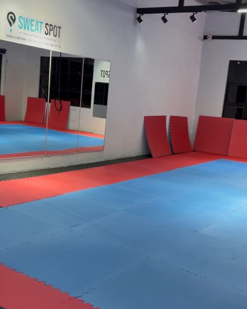 Training room with red and blue puzzle mats and a mirrored wall