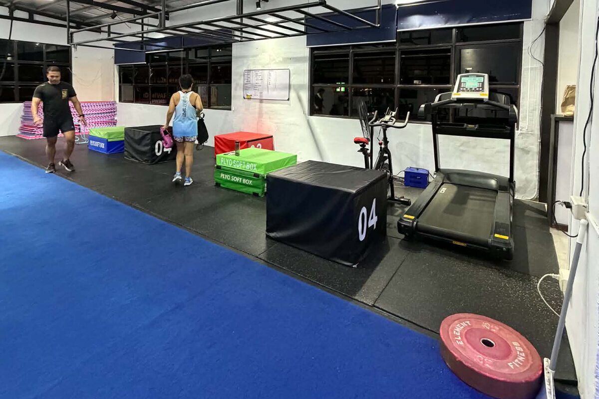 Functional training area with plyo boxes, an exercise bike and a treadmill beside a strip of blue turf